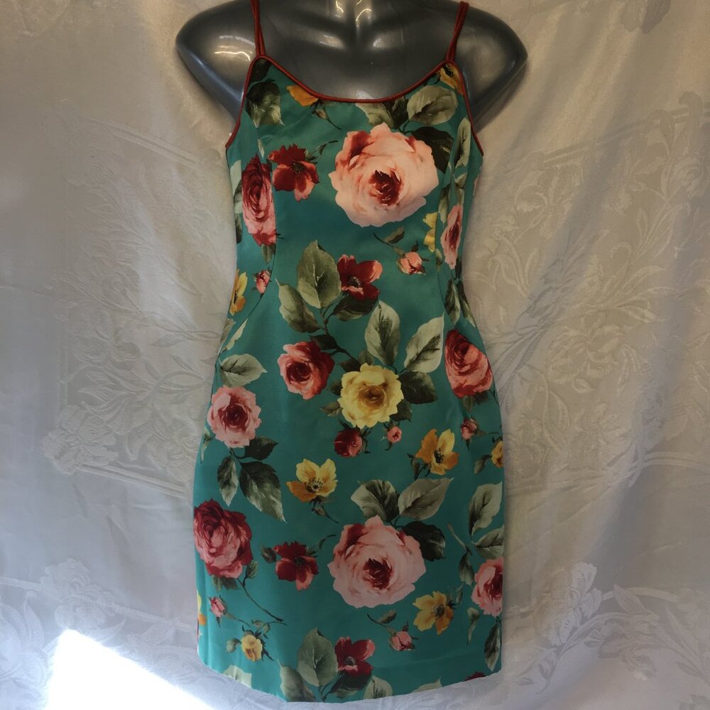 JS Collections Petite Size 2 Green Dress Fittted Floral Flower Spaghetti Strap